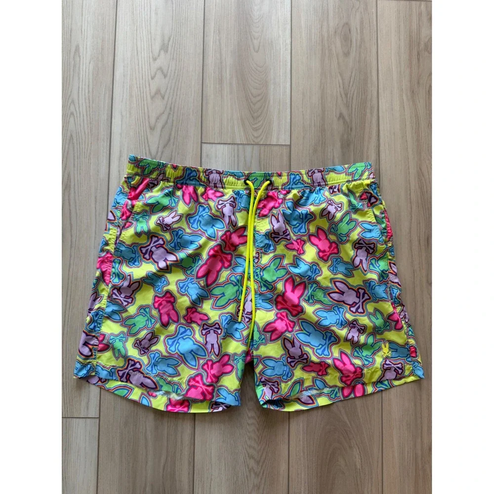 Psycho Bunny Swim Trunks Men XXL Yellow Neon All Over Logo Print Shorts